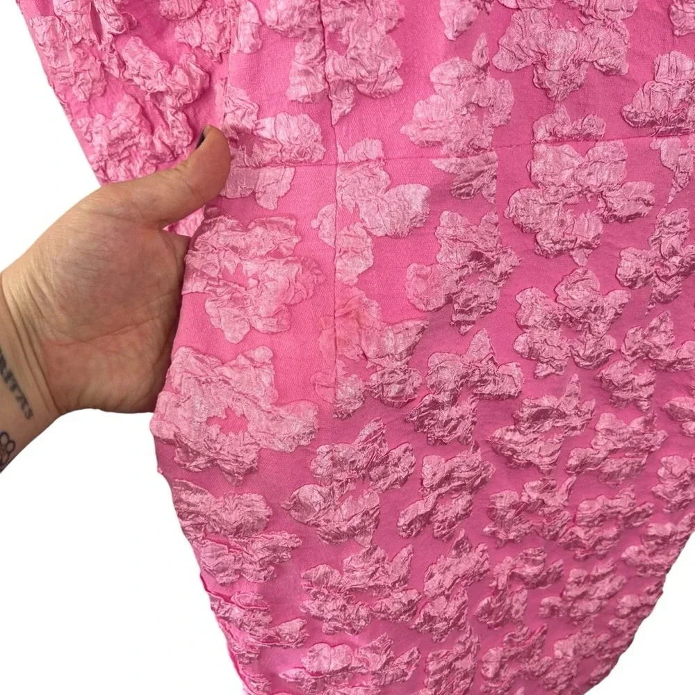 Textured Pink Puff-Sleeve Mini Dress - Picture 15 of 16